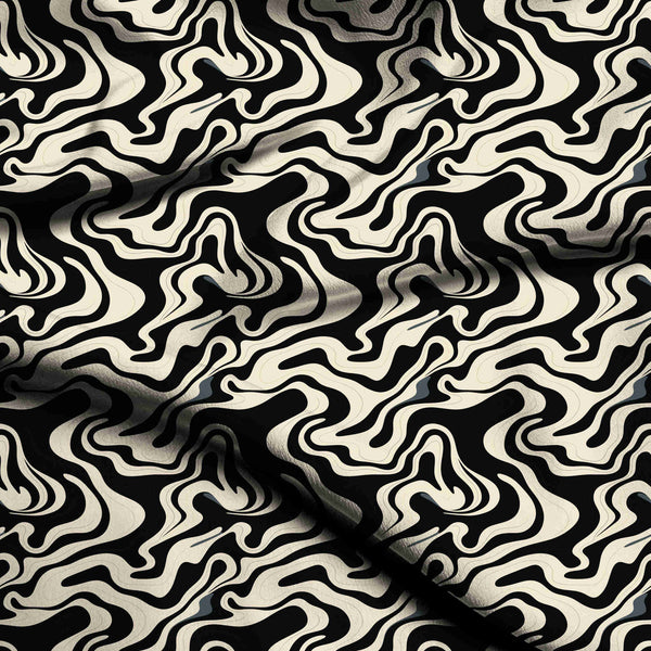 Jet Black Bold Psychedelic Liquid Marble Wave Print Fabric