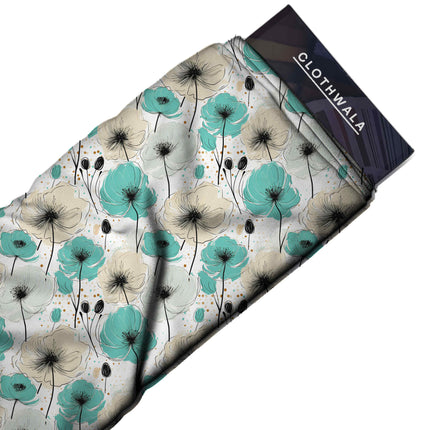 Teal Blue Floral Digital Print Fabric for Dress | Puja Wear - Image 3