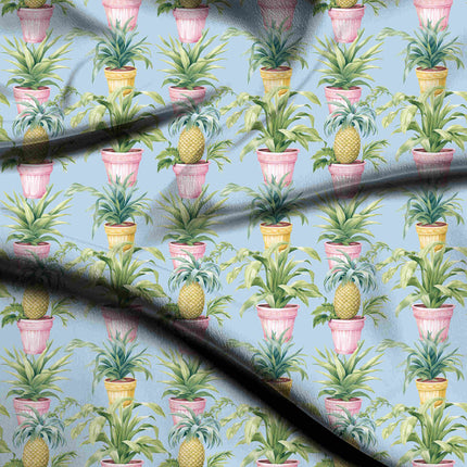 powder blue tropical digital print fabric texture — medium scale closeup