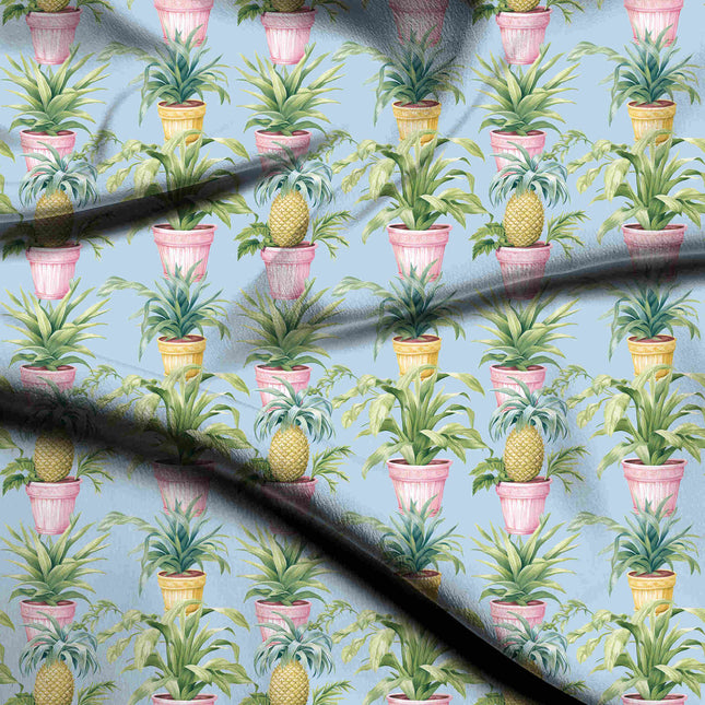 powder blue tropical digital print fabric texture — medium scale closeup