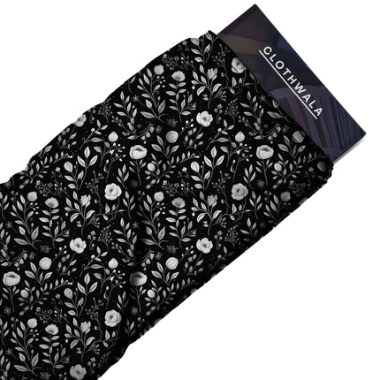 jet black floral print fabric draped — maxi dress styling