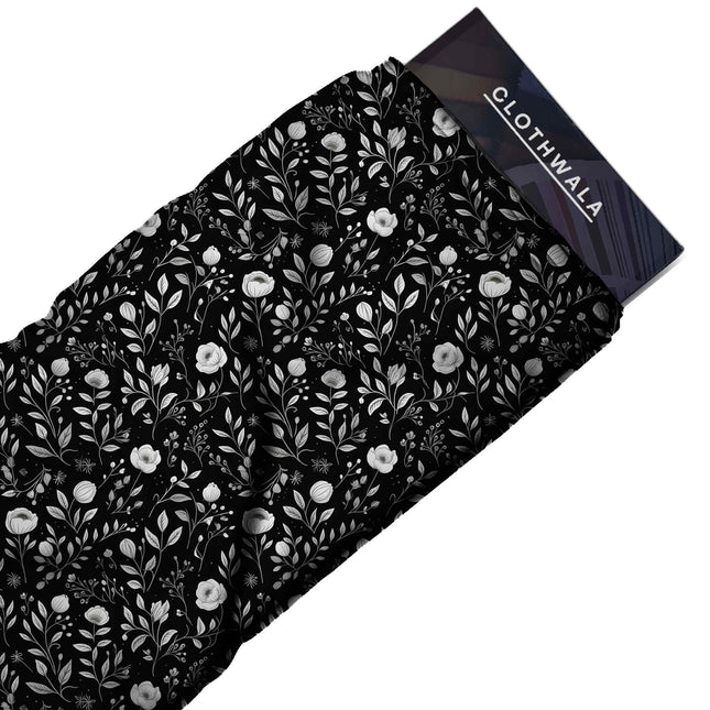 jet black floral print fabric draped — maxi dress styling