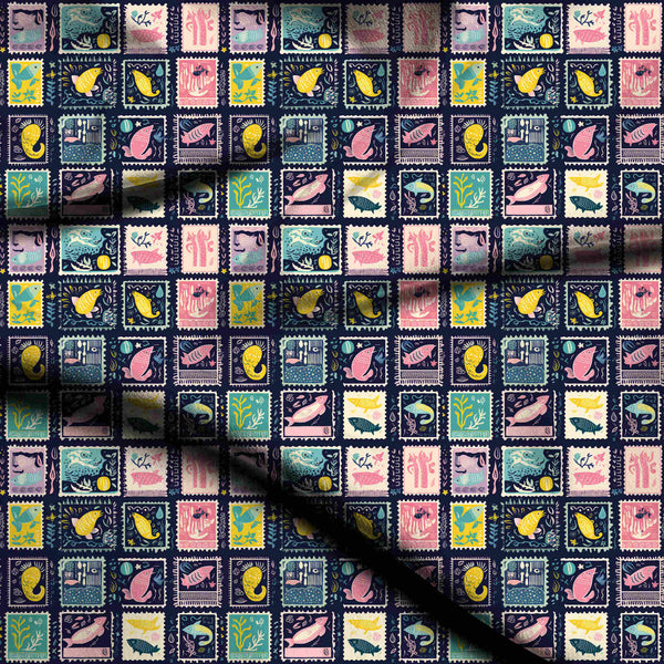 Midnight Blue Whimsical Folk Art Fish Postage Print Fabric