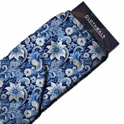 royal blue paisley fabric detail — textured finish digital print closeup