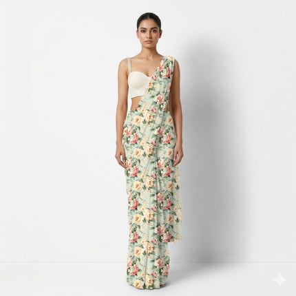 Mint Green Floral Digital Print Fabric for Dress | Wedding Fabric - Image 4