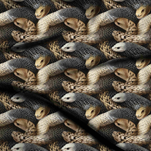 Charcoal Black Intertwined Realistic Python And Cobra Print Fabric