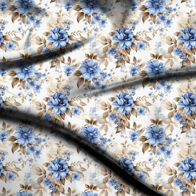 cornflower blue floral digital print fabric texture — medium scale closeup