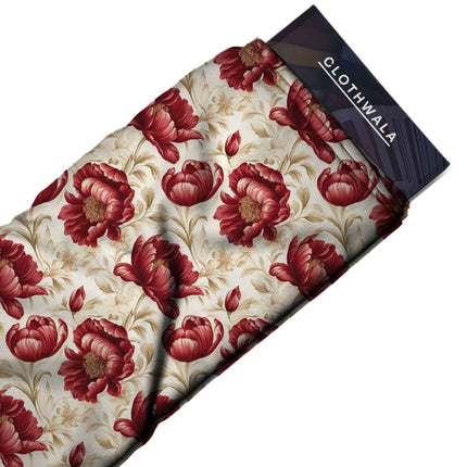 crimson red floral print fabric draped — saree styling