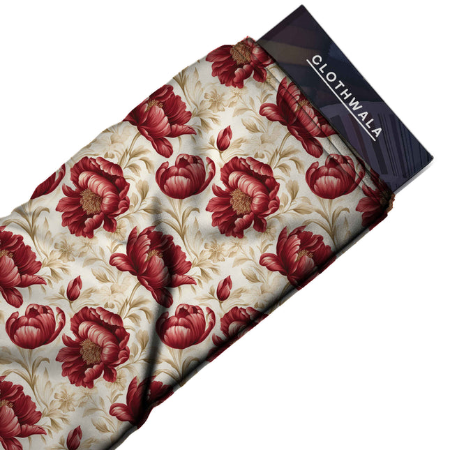 crimson red floral print fabric draped — saree styling