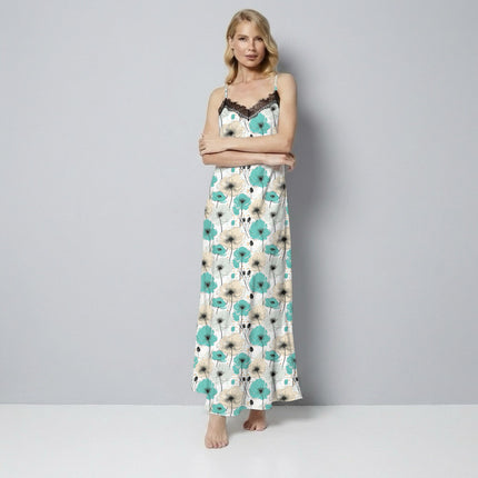 Teal Blue Floral Digital Print Fabric for Dress | Geometric resort wear - Image 2