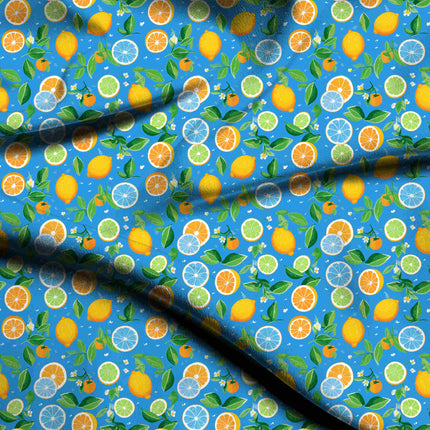 cerulean blue tropical digital print fabric texture — medium scale closeup
