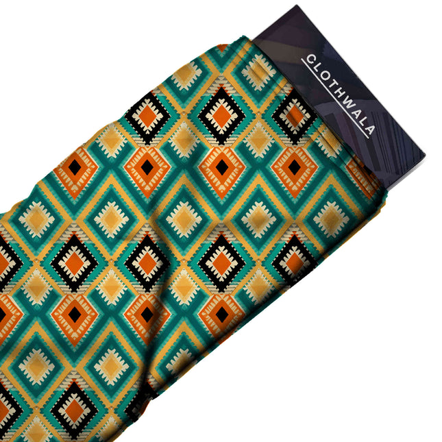 Teal Geometric Digital Print Fabric | Kurti Anarkali Palazzo | Office Wear | Royal Indian ensembles | Viscose Rayon Print - Image 2