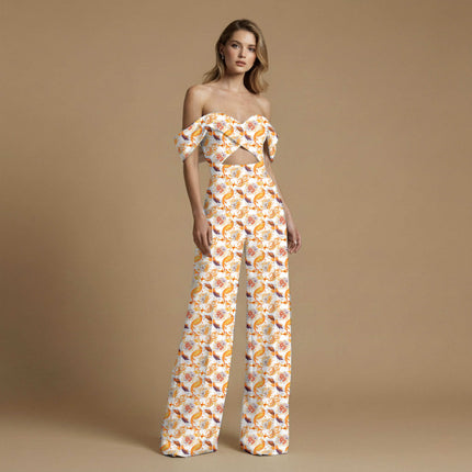 golden yellow floral fabric detail — digital print closeup
