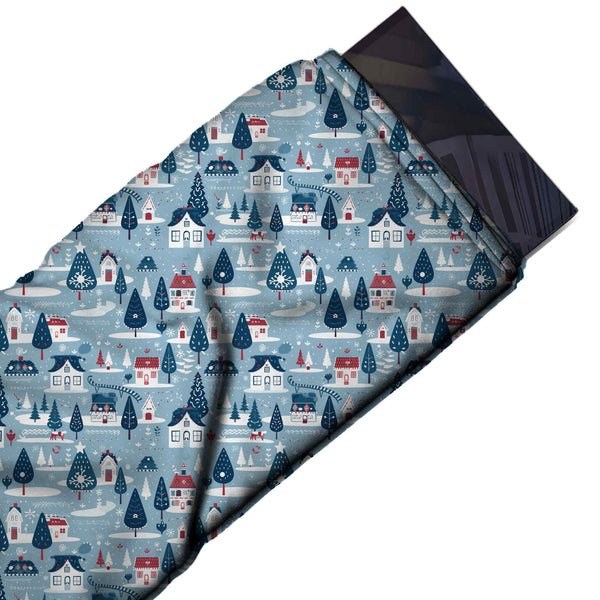 Dusty Blue & Navy Blue Nordic Blue Village Printed Pure Natural Crepe Fabric