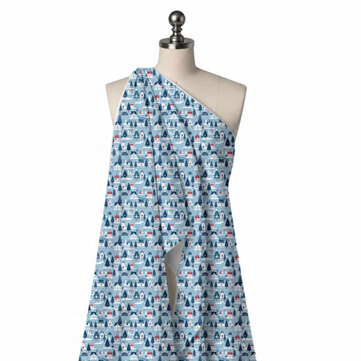 Dusty Blue & Navy Blue Nordic Blue Village Printed Pure Natural Crepe Fabric