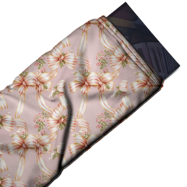 Dusty Pink & Cream Striped Bows & Berries Printed Printed American Crepe Fabric Fabric