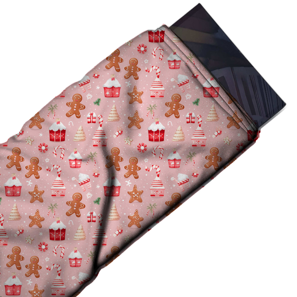 Flat fabric swatch: scattered festive print of shaded brown gingerbread men and star, design Design No_4912, Clothwala