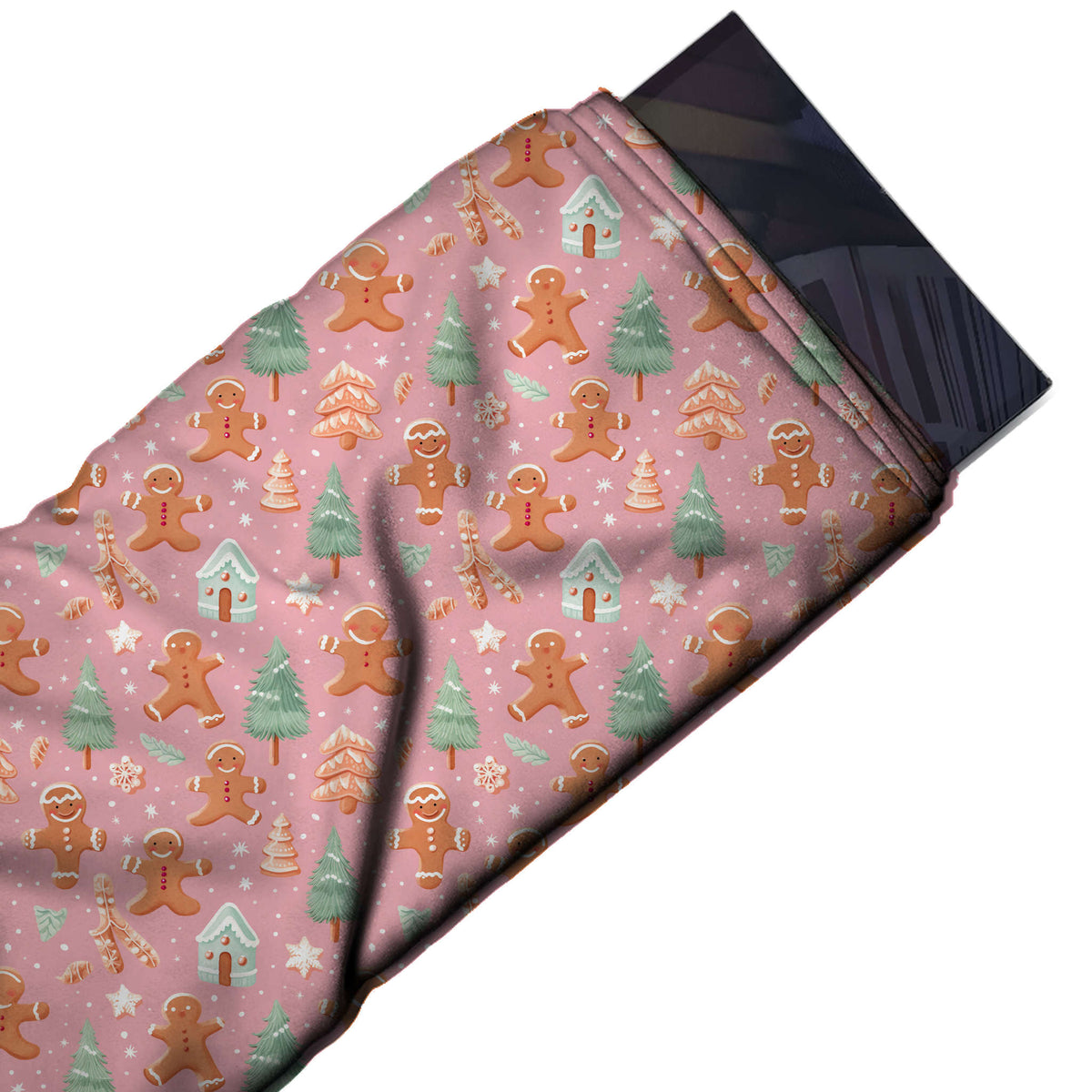 Flat fabric swatch: all-over festive print of painterly orange-tan gingerbread men in, design Design No_4905, Clothwala