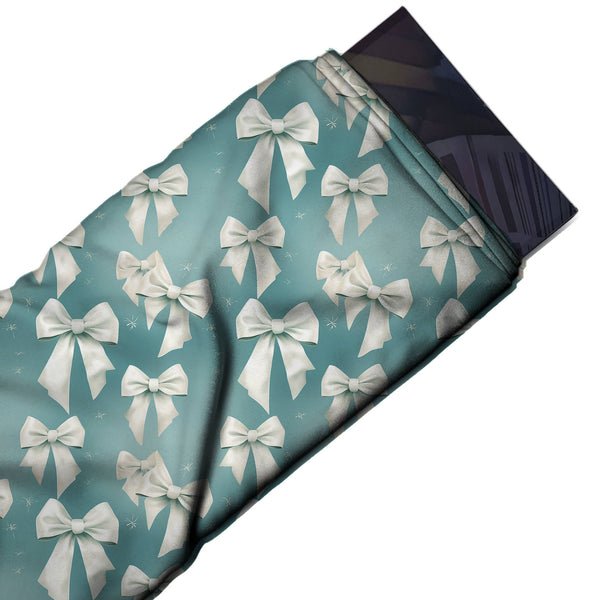 Dusty Teal Blue & White Satin Tail Bows Printed Pure Natural Crepe Fabric