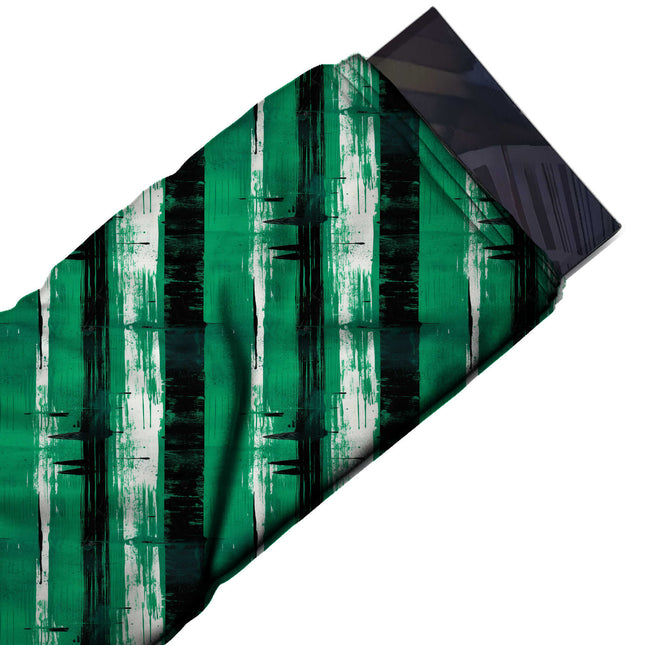 Flat fabric swatch: vertical stripe layout of wide emerald green bands alternating with, design Design No_3957, Clothwala