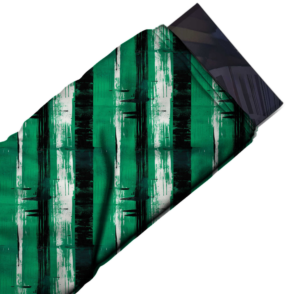 Flat fabric swatch: vertical stripe layout of wide emerald green bands alternating with, design Design No_3957, Clothwala