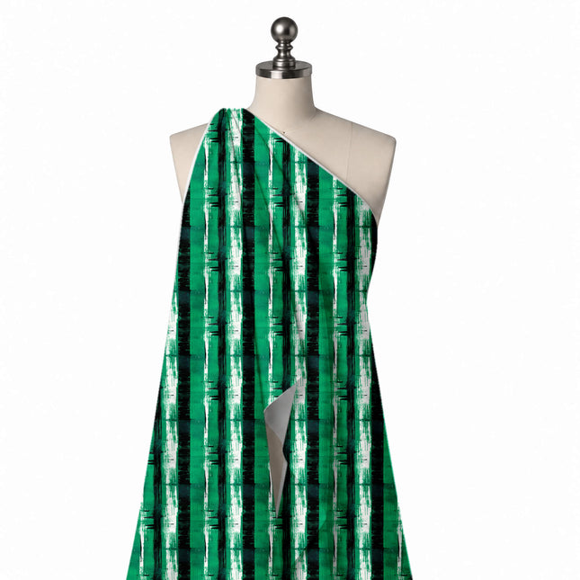 Draped on a mannequin: vertical stripe layout of wide emerald green bands alternating with, design Design No_3957, Clothwala