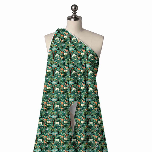 Draped on a mannequin: dense one-way jungle scene of off-white elephants, design Design No_3907, Clothwala