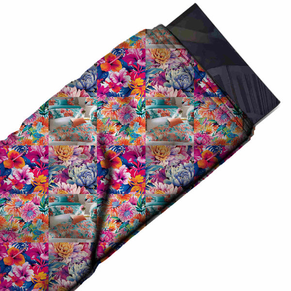 Fuchsia Pink & Orange Hibiscus Patchwork Tiles Printed Pure Natural Crepe Fabric