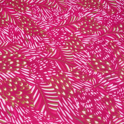Fuchsia & White & Olive Green Stylized Feather Print Fabric — design 514SSC-ABJI/DS-589, Clothwala