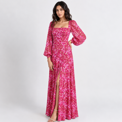 Fuchsia & White & Olive Green Stylized Feather Print Fabric — design 514SSC-ABJI/DS-589, Clothwala