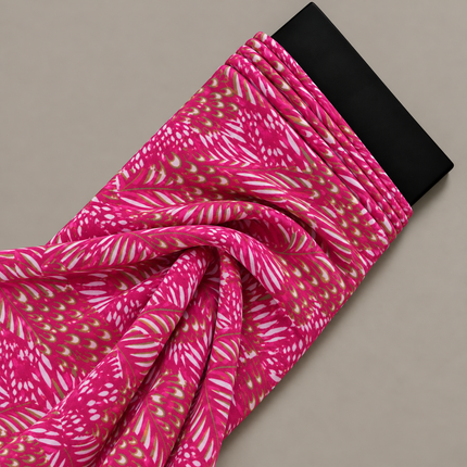 Fuchsia & White & Olive Green Stylized Feather Print Fabric — design 514SSC-ABJI/DS-589, Clothwala