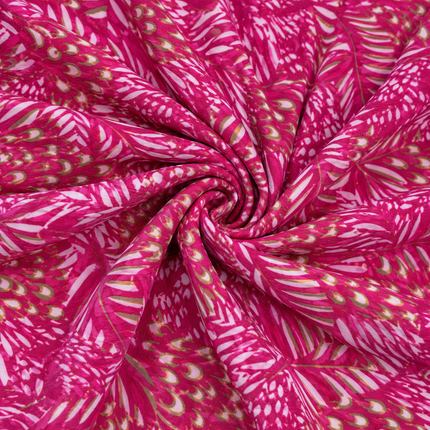 Fuchsia & White & Olive Green Stylized Feather Print Fabric — design 514SSC-ABJI/DS-589, Clothwala