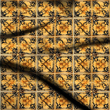 Golden Yellow & Black Brown Baroque Scroll Tiles Printed French Crepe Fabric