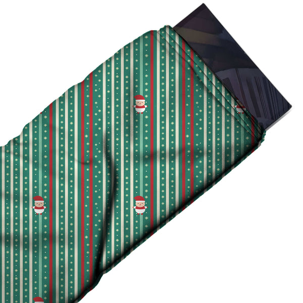 Green & Cream Santa Snowflake Stripe Printed Pure Natural Crepe Fabric