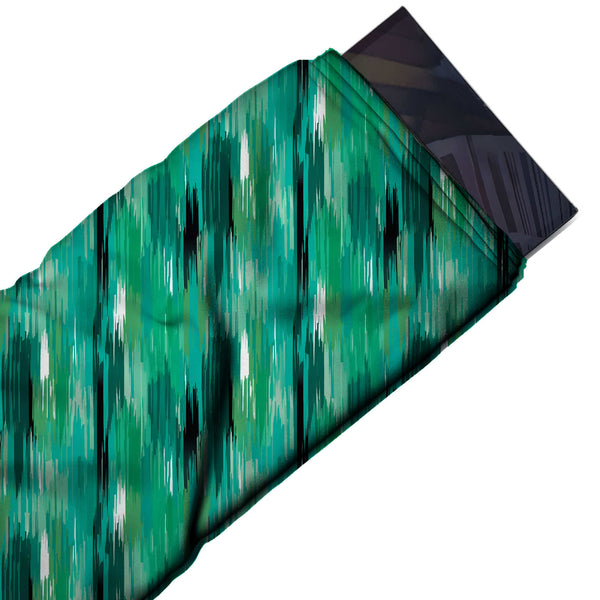 Green & Dark Green Feathered Ikat Streaks Printed Spandex Fabric