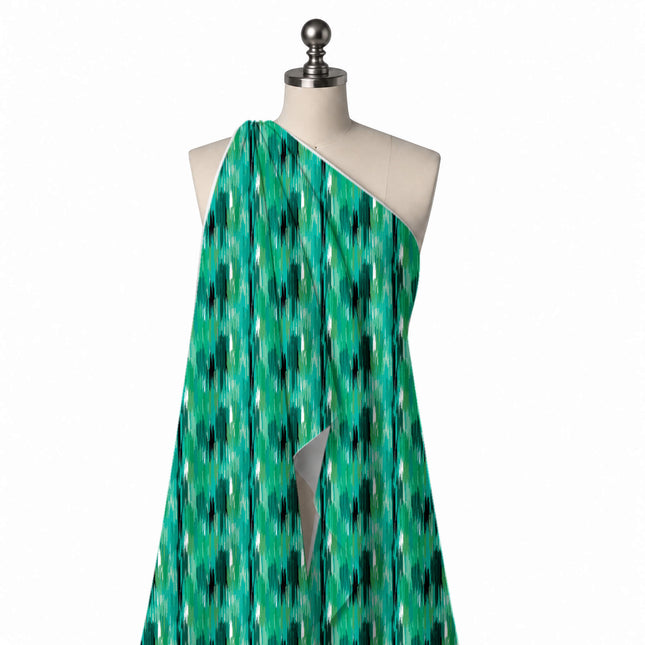 Draped on a mannequin: vertical ikat-look layout of feathered, design Design No_3955, Clothwala