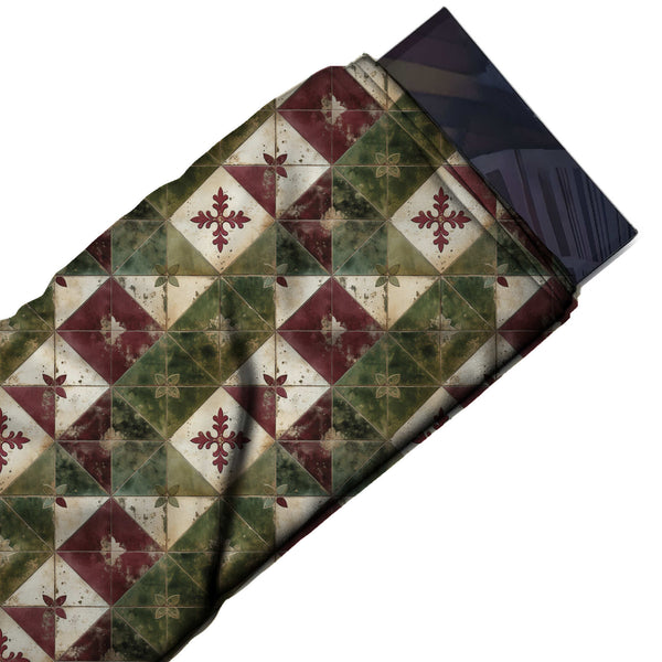 Green & Maroon Fleur Cross Triangle Tile Printed French Crepe Fabric