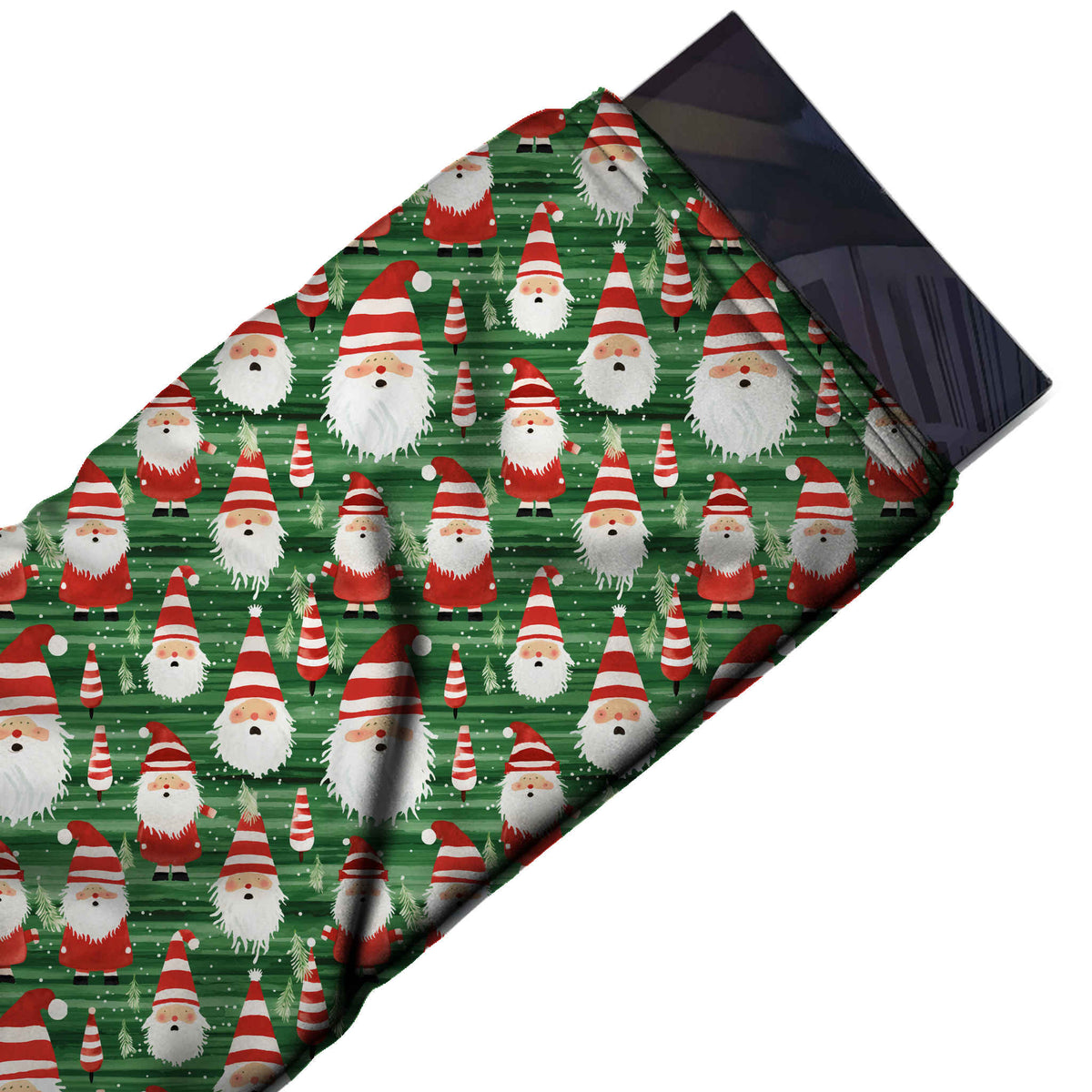 Flat fabric swatch: all-over one-way layout of mixed small and medium Santa gnomes with, design Design No_4527, Clothwala