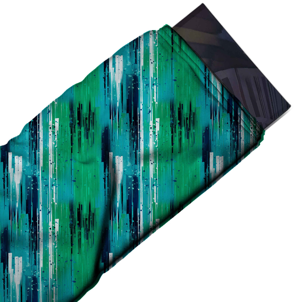 Flat fabric swatch: vertical stripe layout of wide green and teal painted bands with navy, design Design No_3952, Clothwala