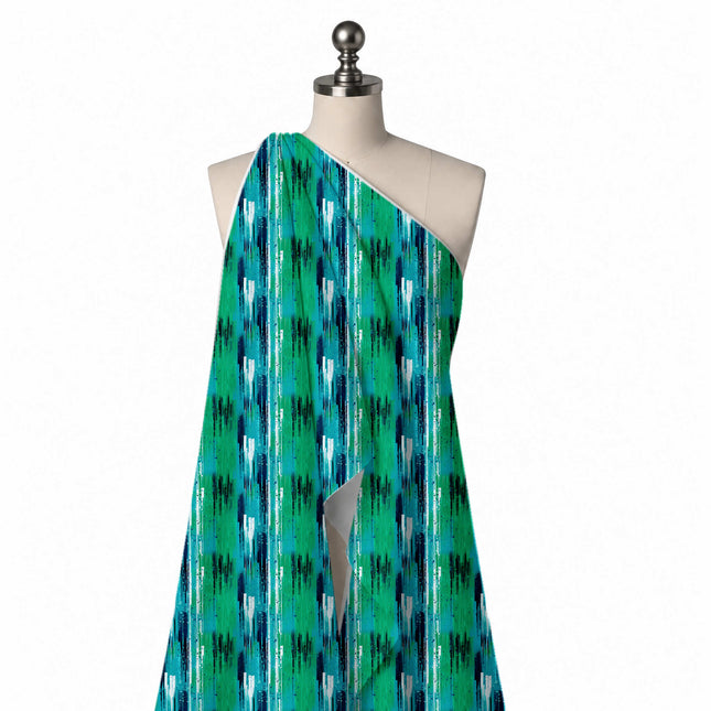 Draped on a mannequin: vertical stripe layout of wide green and teal painted bands with, design Design No_3952, Clothwala
