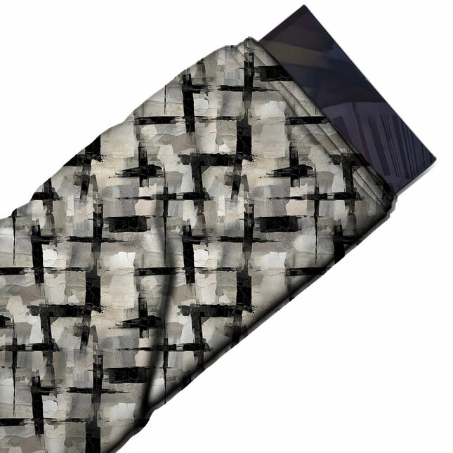 Flat fabric swatch: all-over painterly check effect built from black dry-brush horizontal, design Design No_4050, Clothwala