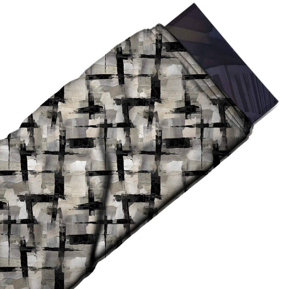 Flat fabric swatch: all-over painterly check effect built from black dry-brush horizontal, design Design No_4050, Clothwala