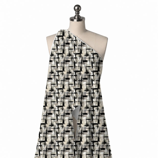 Draped on a mannequin: all-over painterly check effect built from black dry-brush, design Design No_4050, Clothwala