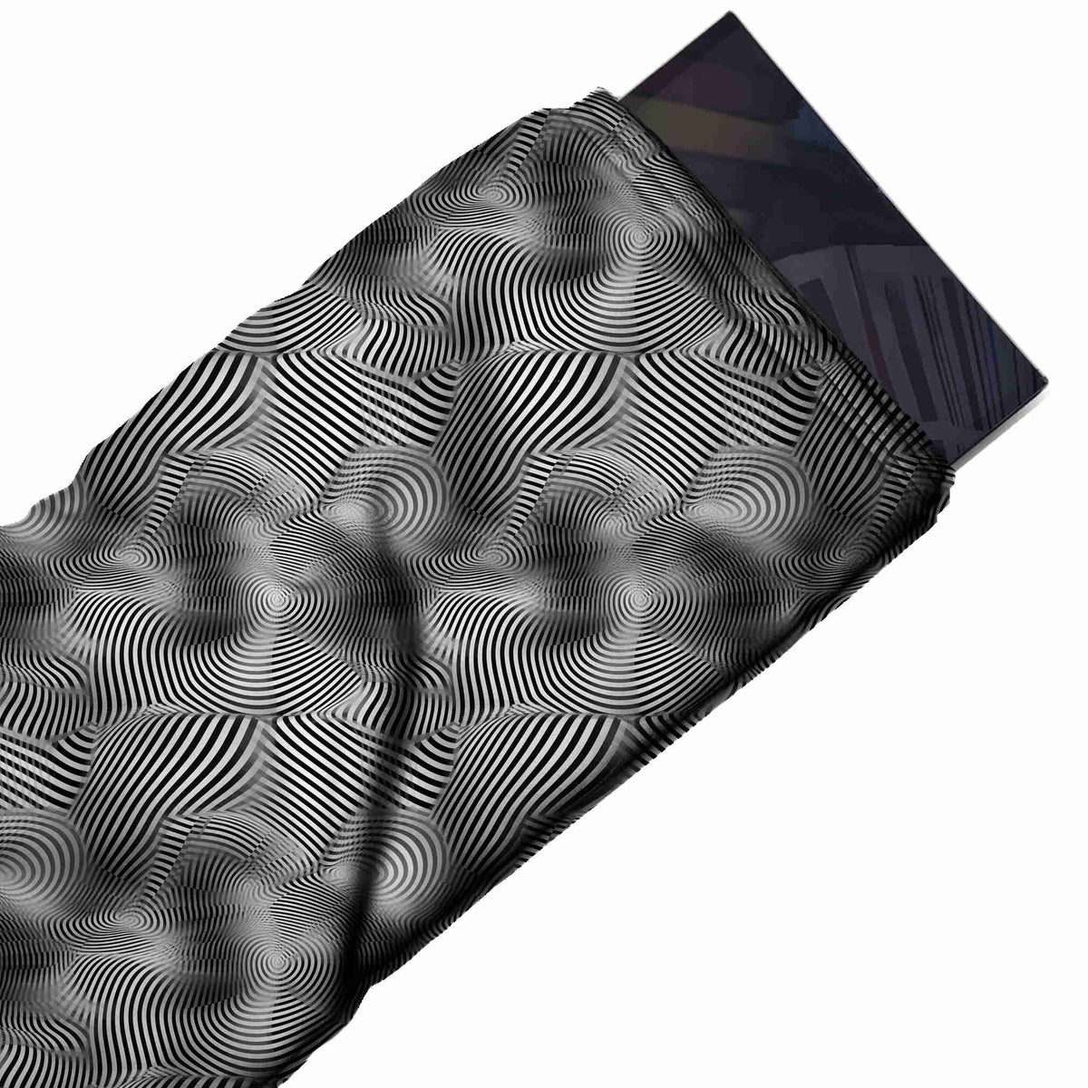 Flat fabric swatch: all-over op-art layout of fine black and white curved stripes that, design Design No_4122, Clothwala