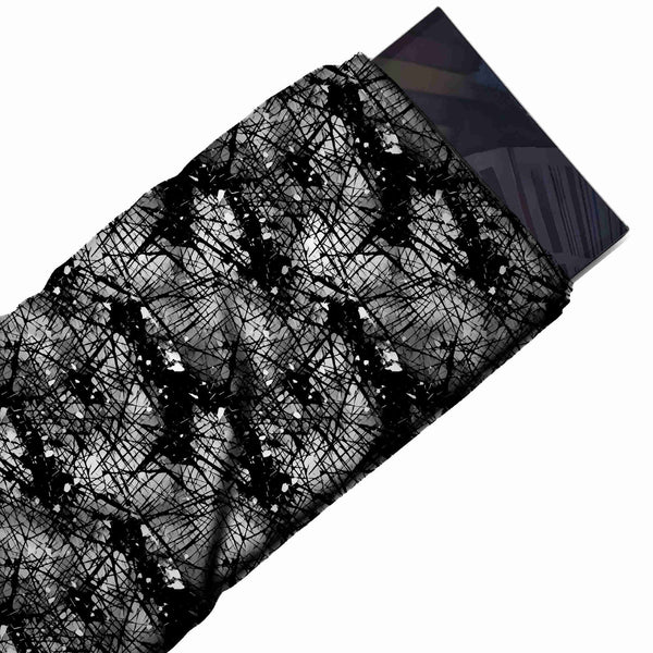 Grey & Black Tangled Line Web Printed Spandex Fabric