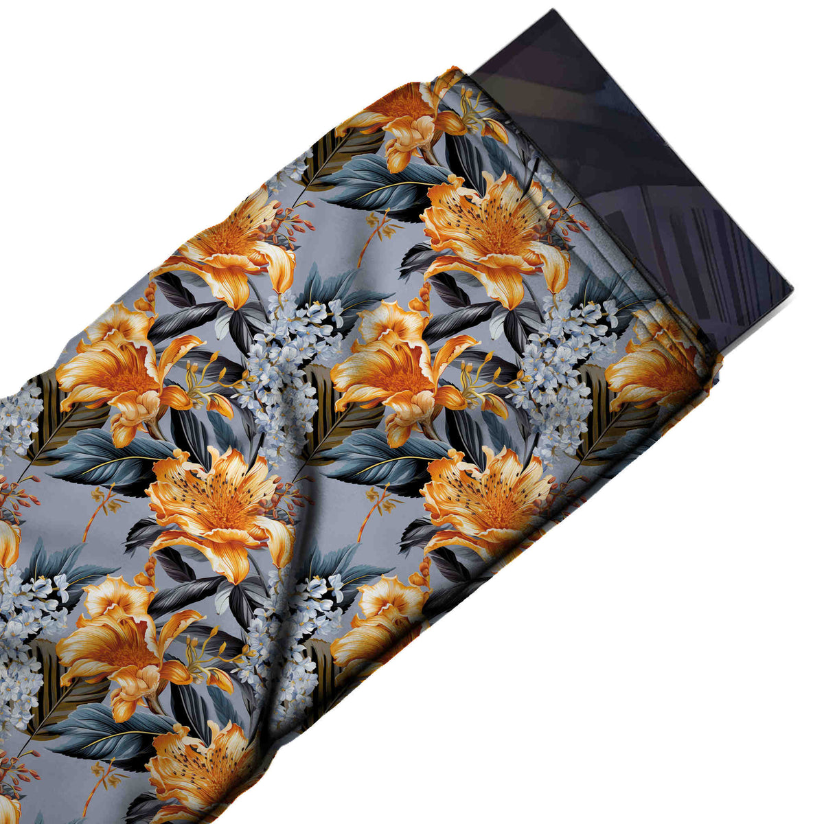Flat fabric swatch: dense all-over floral of medium-scale orange and golden lilies with, design Design No_4286, Clothwala