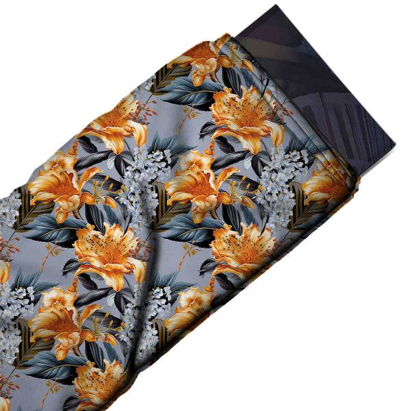 Grey Blue & Orange Lily & Lilac Printed French Crepe Fabric