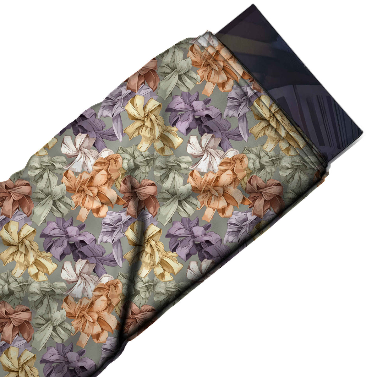 Flat fabric swatch: dense all-over print of multi-loop ribbon rosettes with shaded folds, design Design No_4404, Clothwala