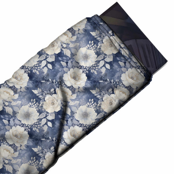 Indigo Blue & Ivory Roses & Leaves Printed Moss Crepe Fabric