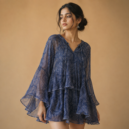 Indigo Blue & Light Grey Solid Poly Chiffon Fabric — design 359AC-S/DS-490, Clothwala